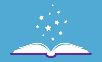 Illustration of open book with stars flying out
